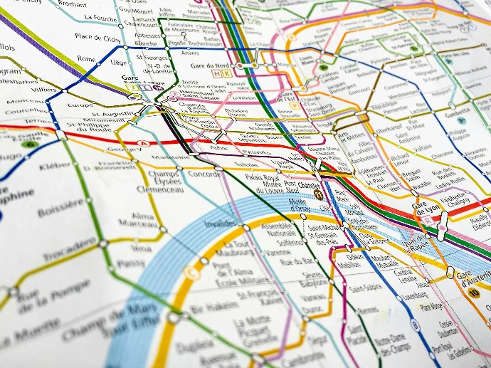 A close up of a map of a city